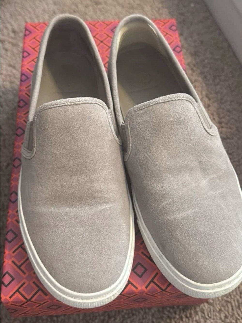 Tory Burch women’s Slip-On Casual Suede Sneakers - Light Gray gold logo